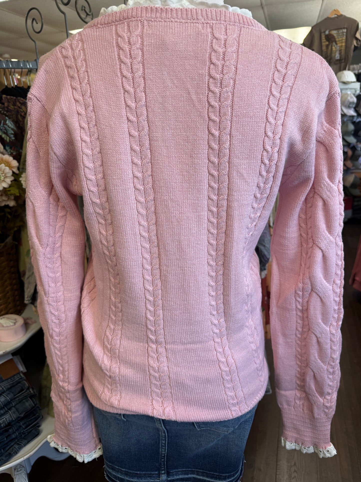 Vine and Love Blush Lace Embellished VNeck Cable Knit Sweater VT60757