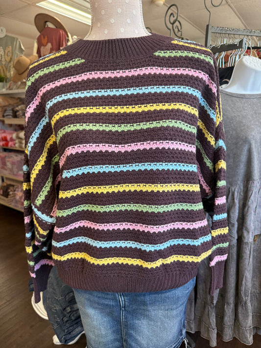 Vine & Love VT81666D Brown Crew Neck Textured Multi Stripe Knit Sweater