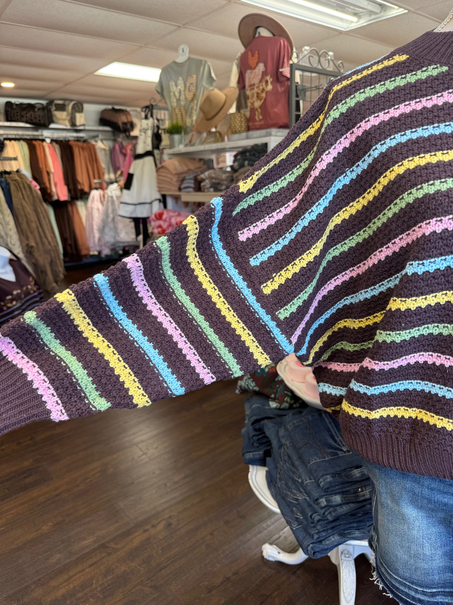 Vine & Love VT81666D Brown Crew Neck Textured Multi Stripe Knit Sweater