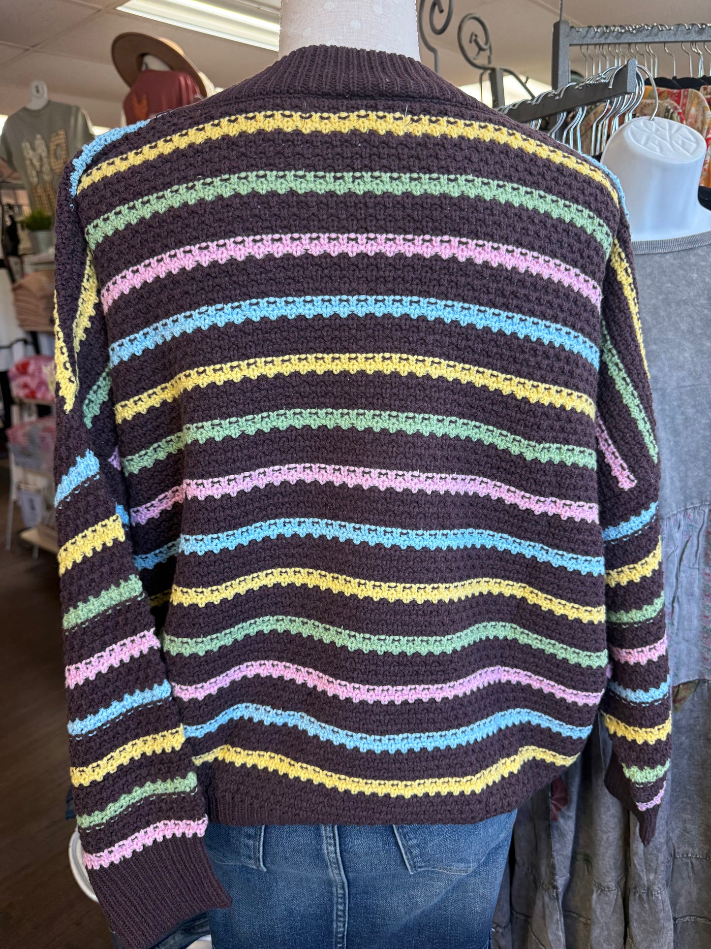 Vine & Love VT81666D Brown Crew Neck Textured Multi Stripe Knit Sweater