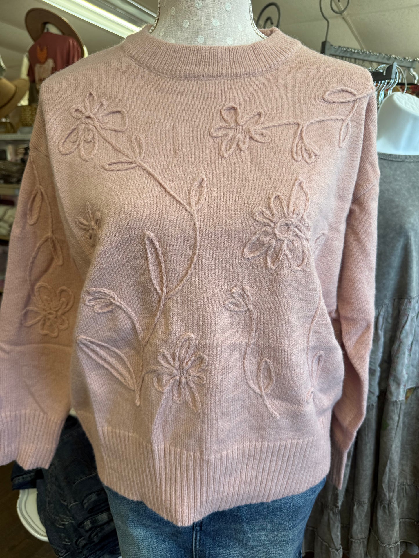 Vine & Love VT60775 Blush Floral Handmade 3D Embroidered Knot Sweater