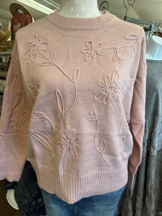 Vine & Love VT60775 Blush Floral Handmade 3D Embroidered Knot Sweater