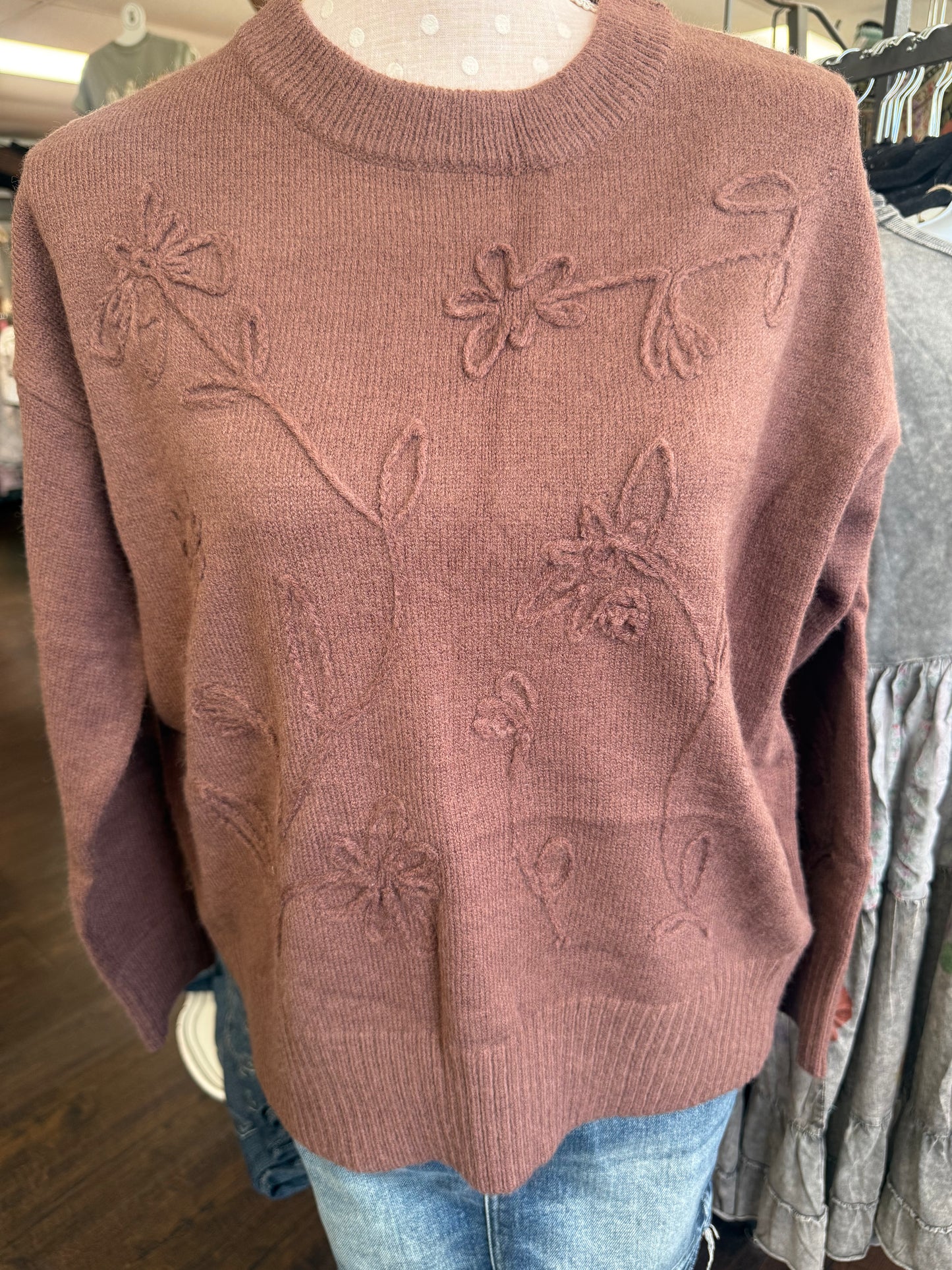 Vine & Love VT60775 Brown Floral Handmade 3D Embroidered Knot Sweater