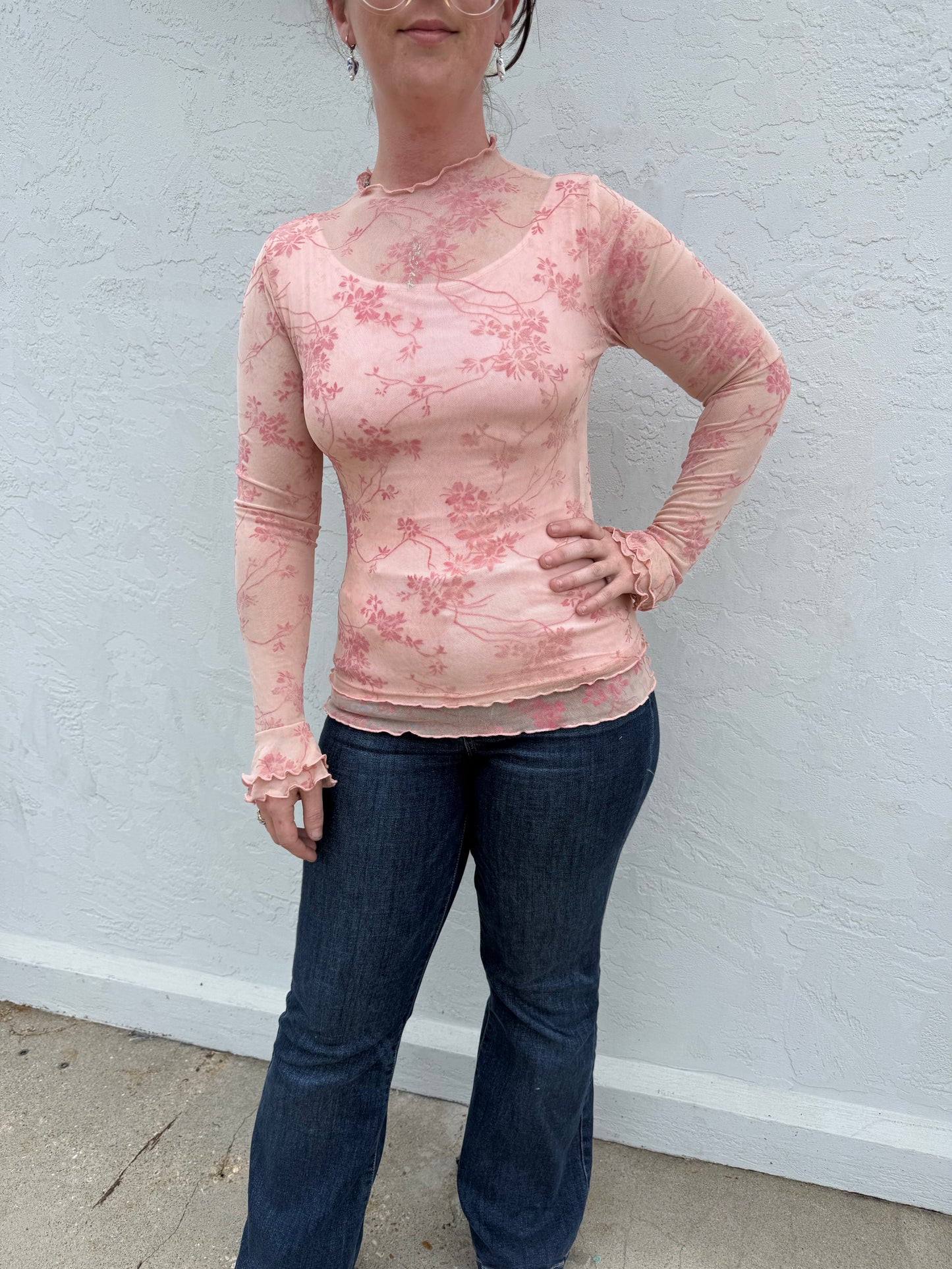 EASEL ST100286 LS Burnout Lace Top