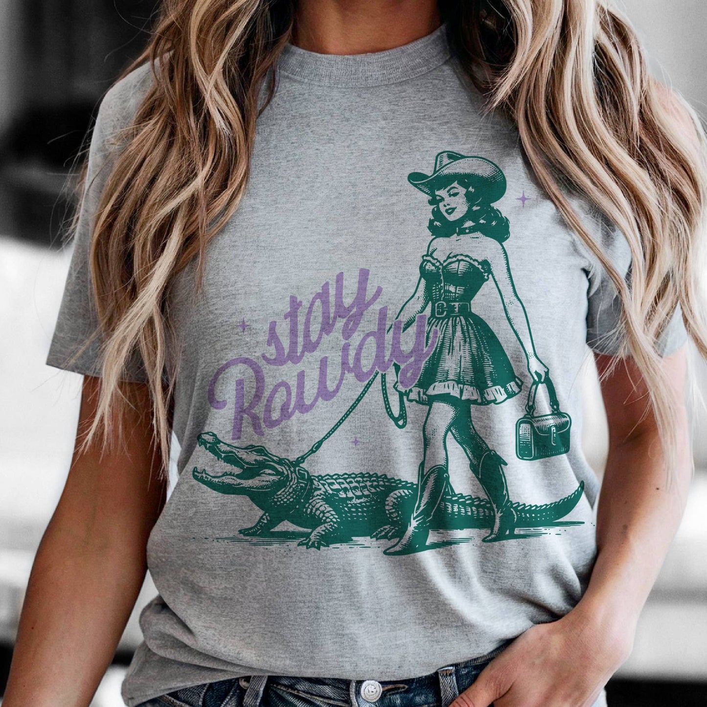 Western Stay Rowdy Retro Alligator Green Graphic Tee