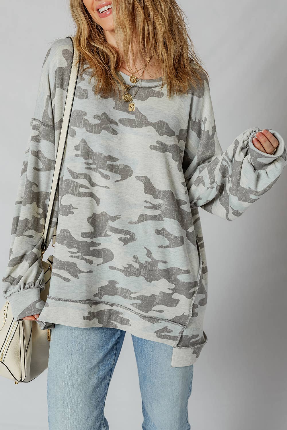 LDC Retro Camouflage Print Exposed Seam Patchwork Sweatshirt