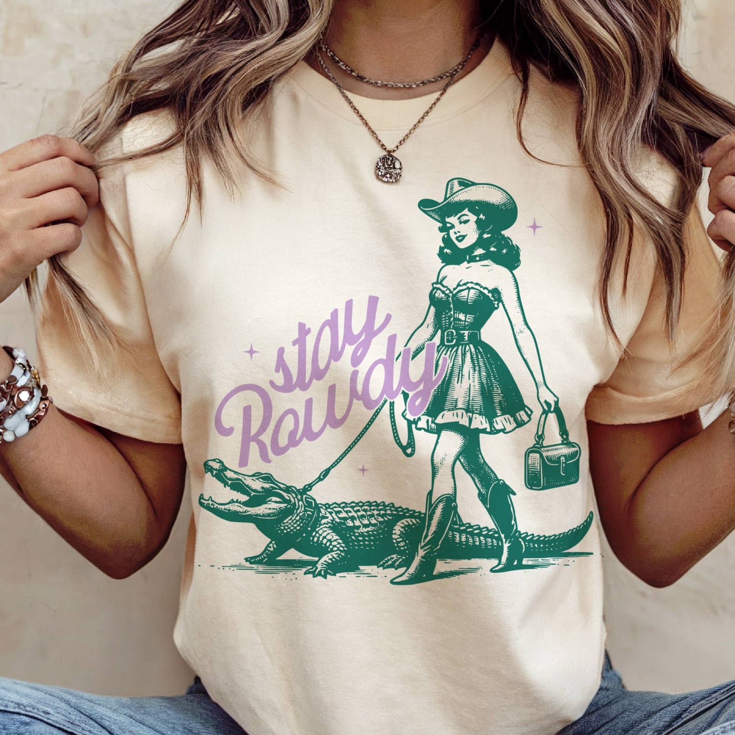 Western Stay Rowdy Retro Alligator Green Graphic Tee