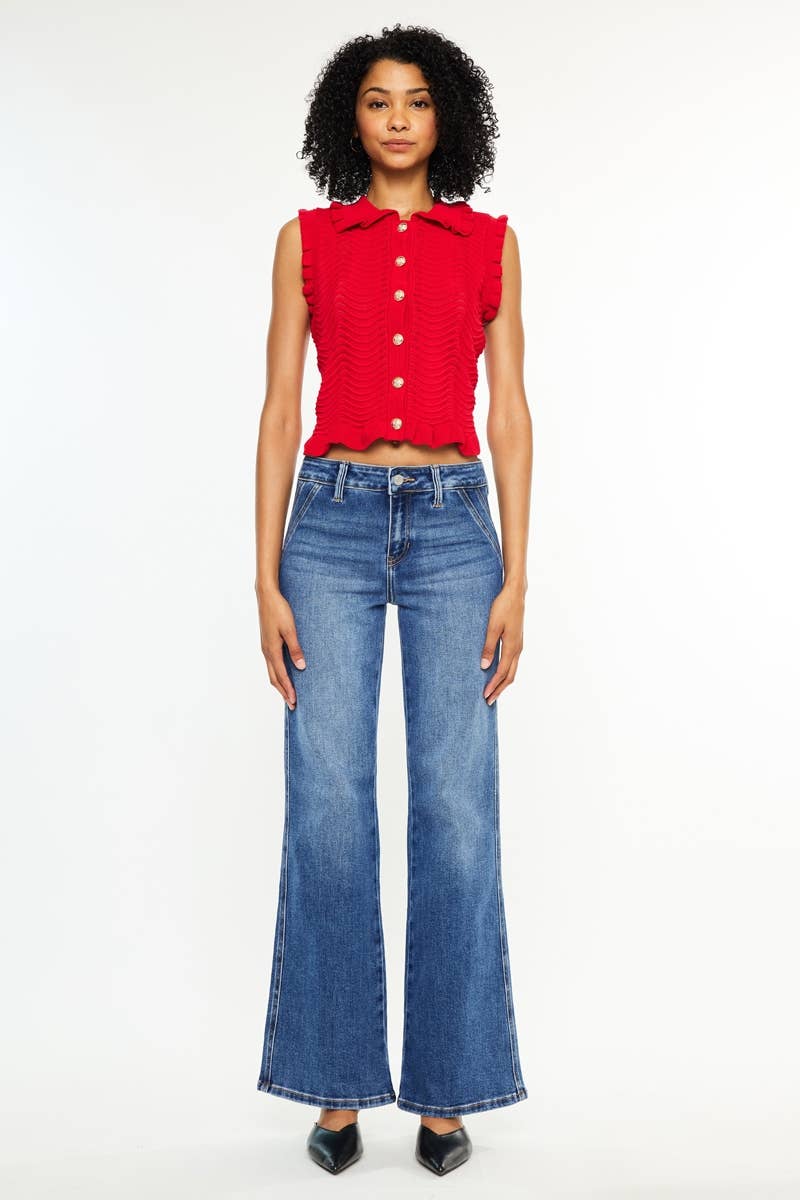 KC9449M-PT-PETITE MID RISE WIDE FLARE JEANS