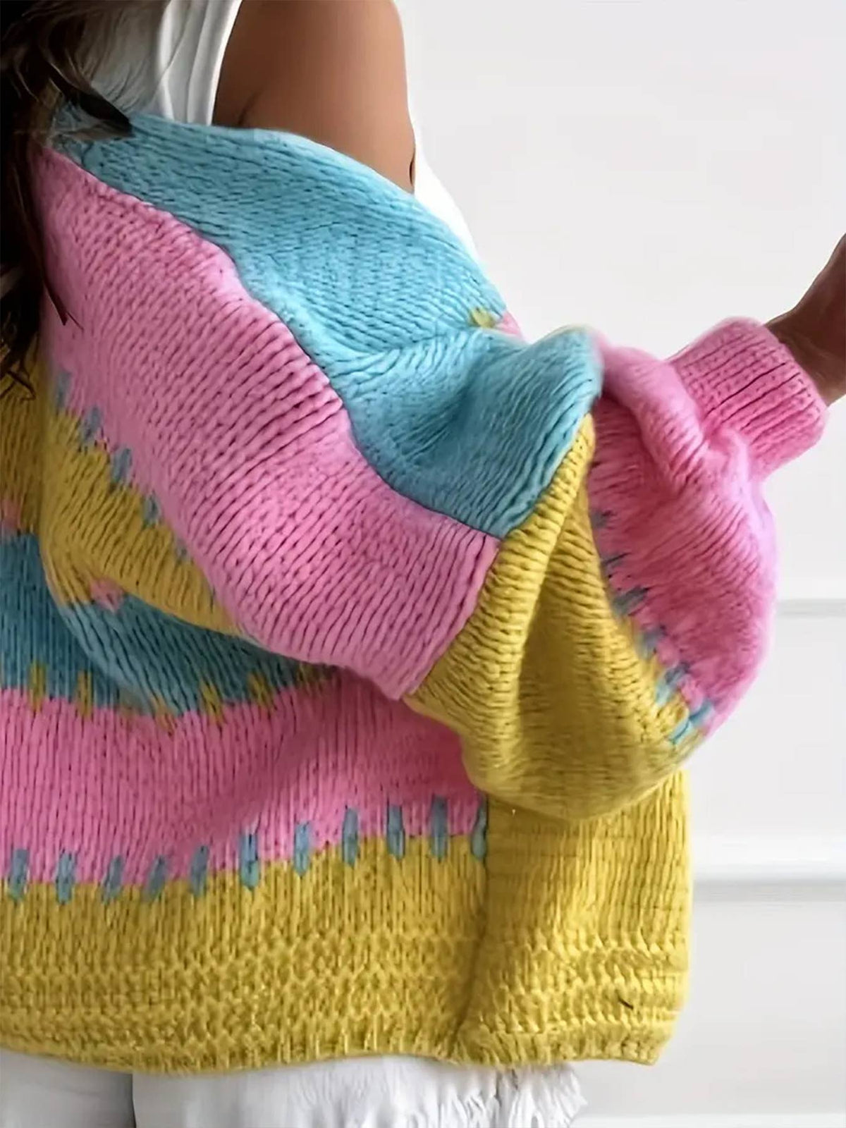 Colorblock Knit Cardigan Cozy Long Sleeve Open Jacket