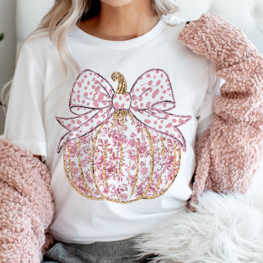 Fall Pumpkin Pink Bow Floral Country Store Retro Graphic Tee