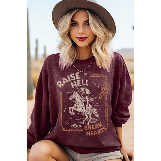 HRT&LUV RAISE HELL N BREAK HEARTS MINERAL GRAPHIC SWEATWHIRT