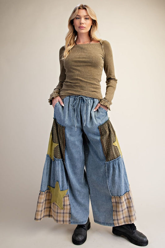 EASEL EB56713 Vintage Denim Print and Plaid Mix