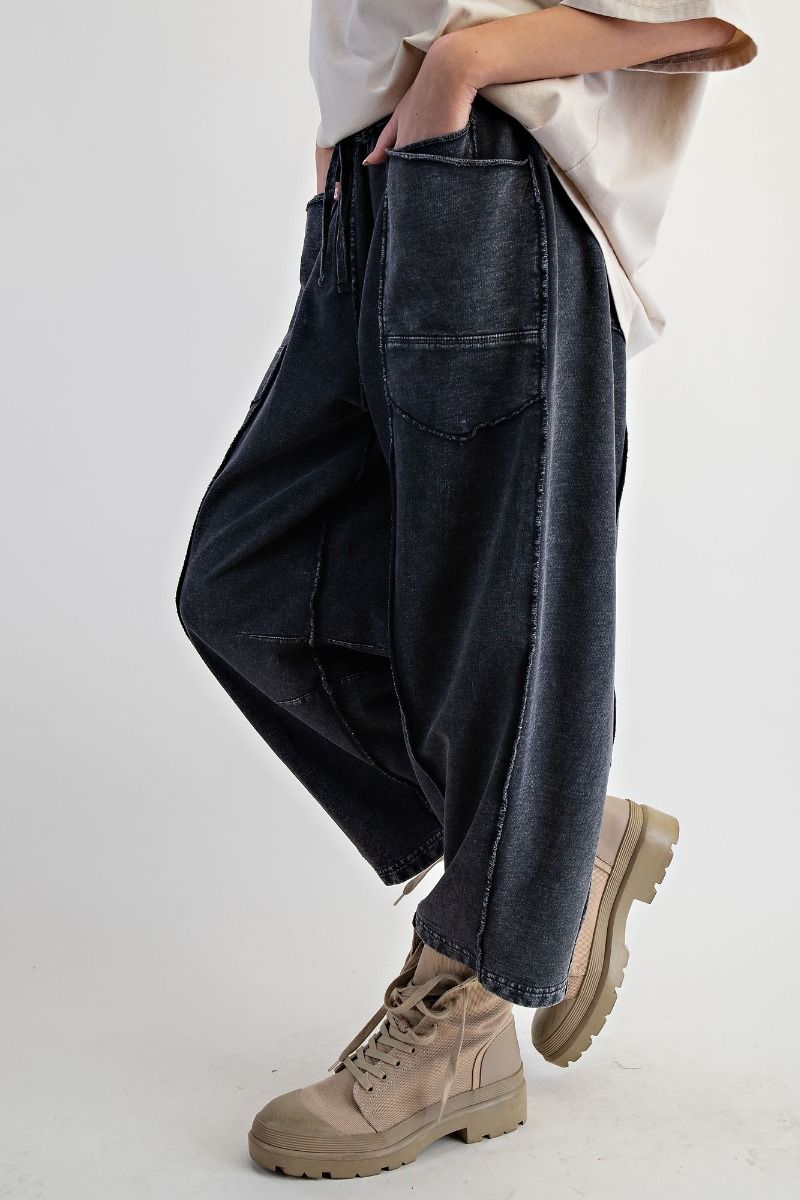 Easel EB56790 BLACK MINERAL WASHED TERRY KNIT BARREL PANTS