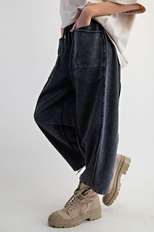 Easel EB56790 BLACK MINERAL WASHED TERRY KNIT BARREL PANTS