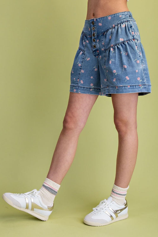 EB57050 Cherry Print washed denim shorts