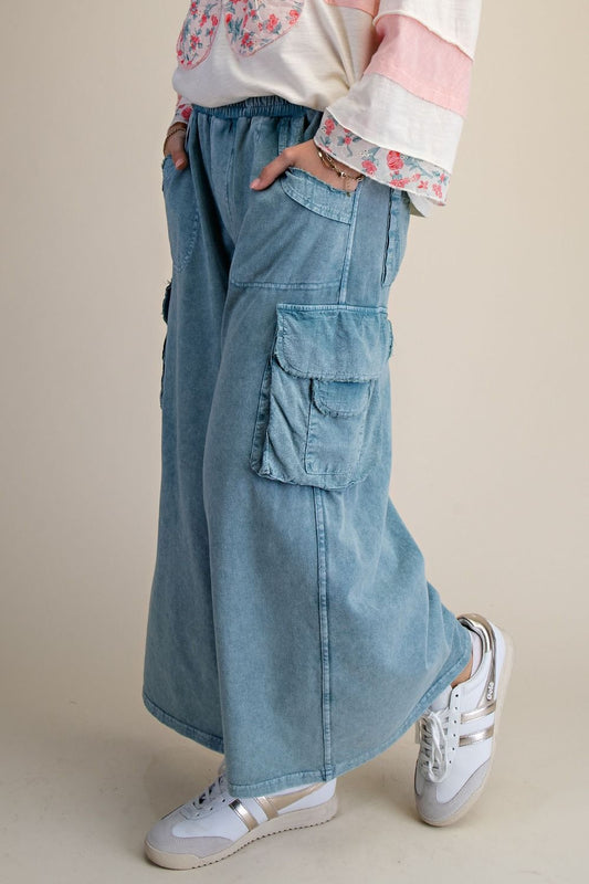 EB57779 Faded Teal mineral washed cargo knit pants