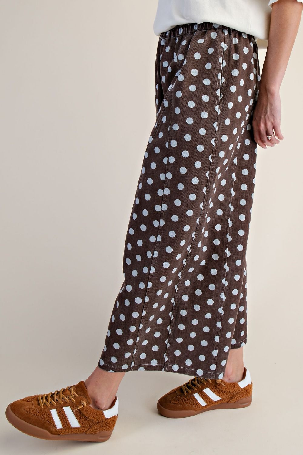 Easel EB57944 BROWN DOTS PRINT WASHED WIDE LEG PANTS