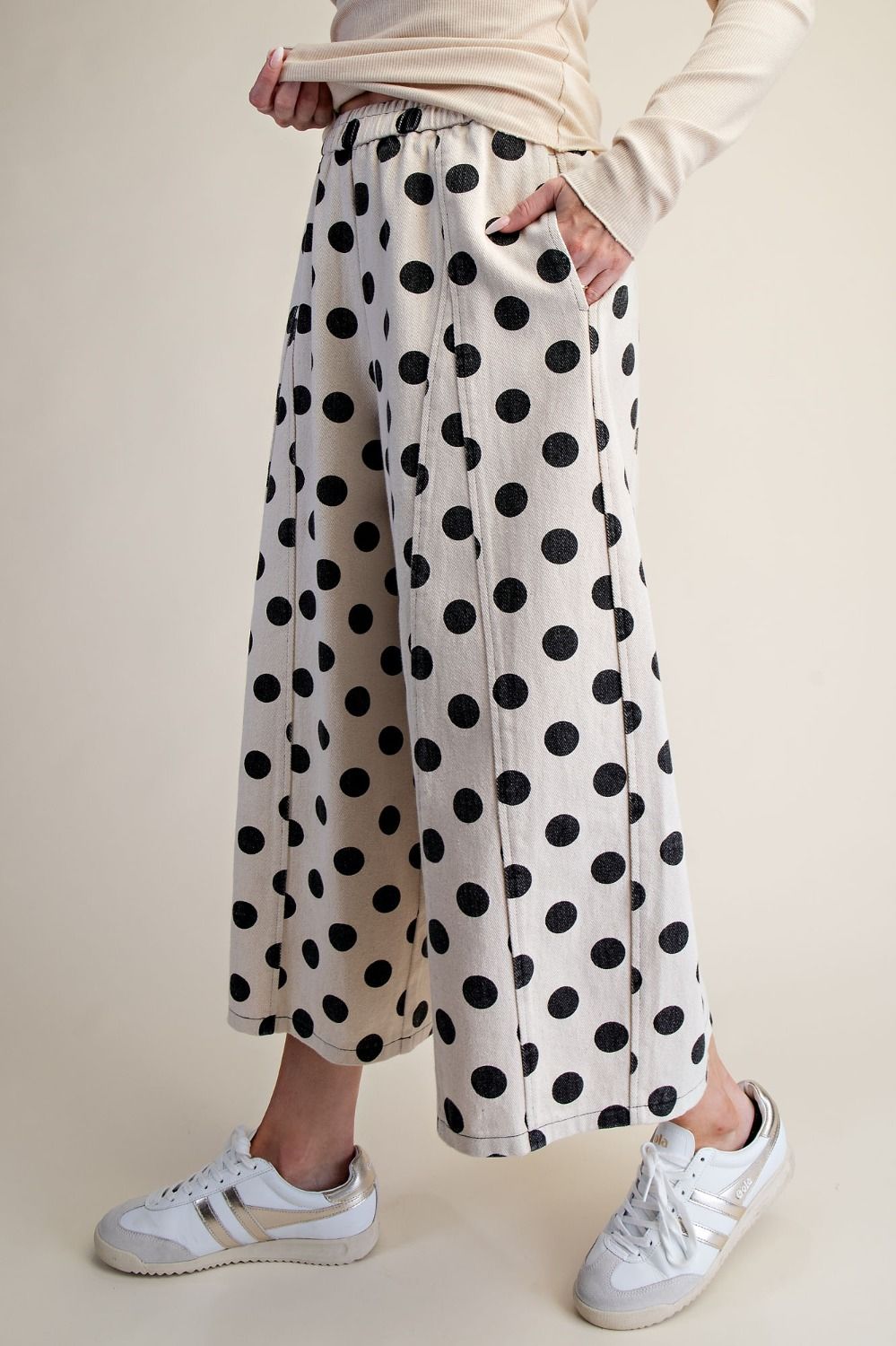 Easel EB57944 NATURAL DOTS PRINT WASHED WIDE LEG PANTS
