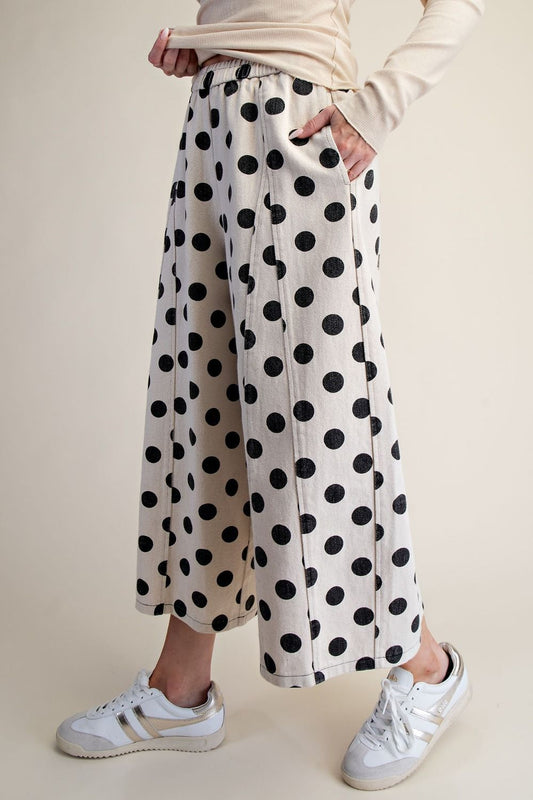 Easel EB57944 NATURAL DOTS PRINT WASHED WIDE LEG PANTS