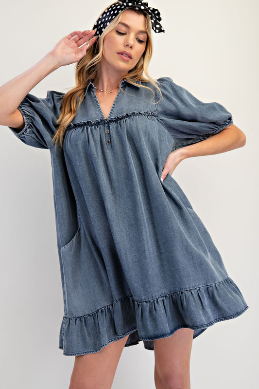 ED71494 Washed Denim short slvs ruffle bottom dress