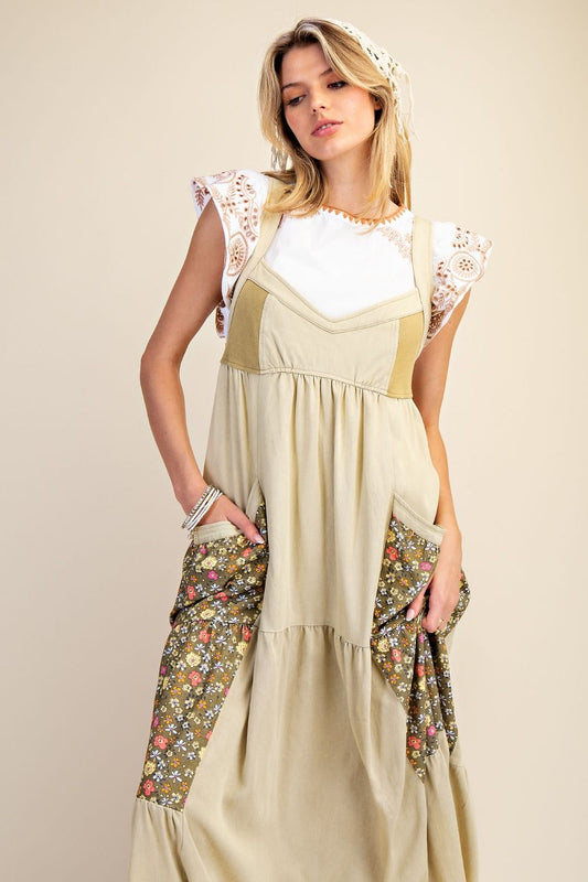 ED71722 Dusty Sage Print mix stone washed jumpsuit