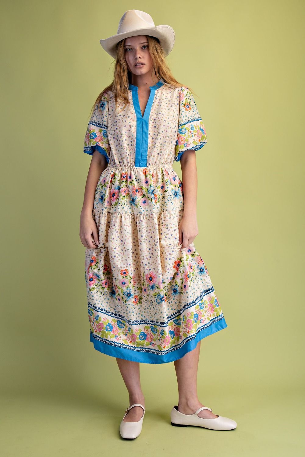 ED79153 bubble slvs border printed dress- oatmeal