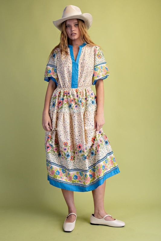 ED79153 bubble slvs border printed dress- oatmeal
