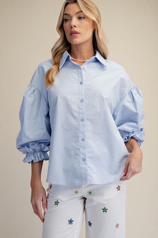 ET19050 3/4 slvs burron down popcorn top- cotton blue