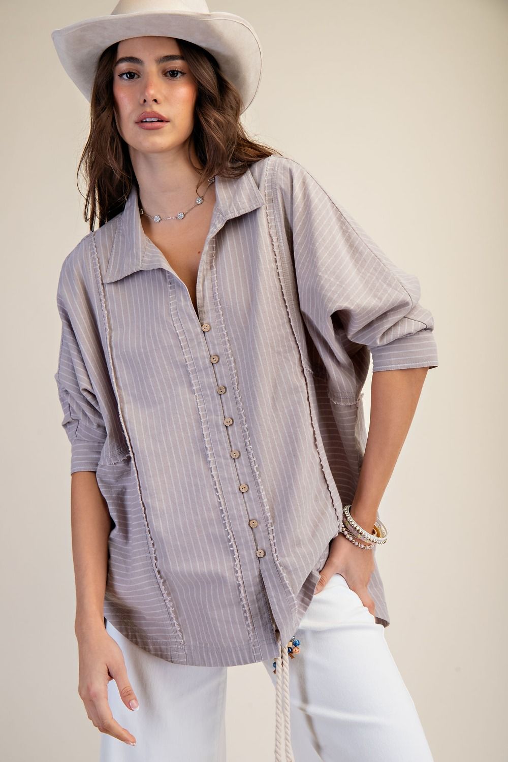 ET28806 Elbow slvs striped linen blouse- Mushroom