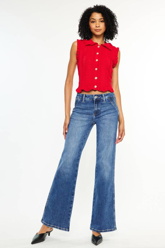 KC9449M-PT-PETITE MID RISE WIDE FLARE JEANS