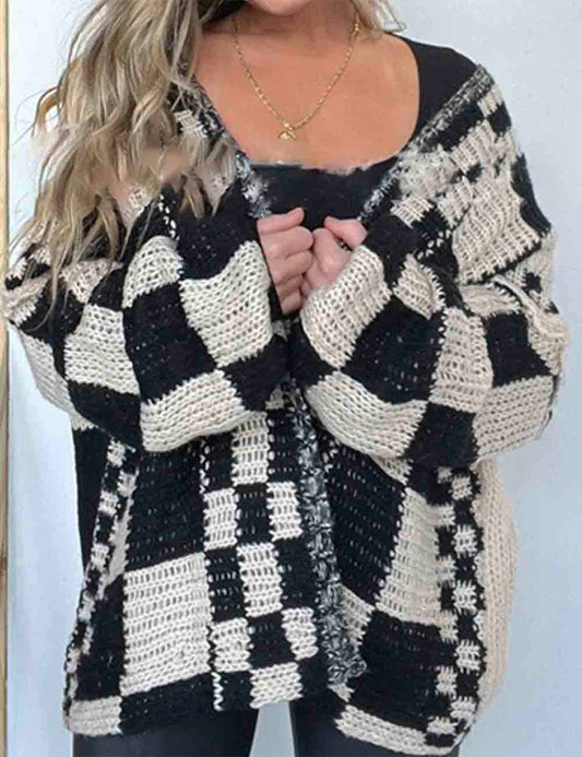 Ladies Color Block Checked Long Sleeves Sweater Cardigan