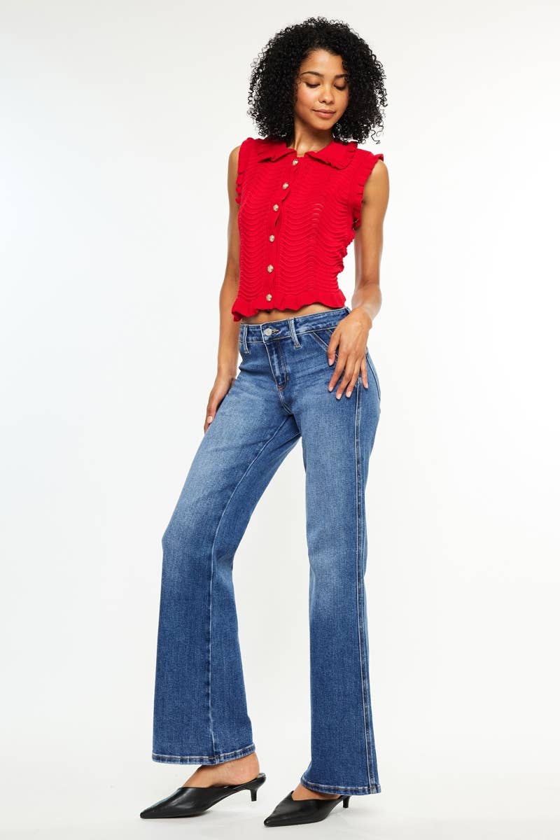 KC9449M-PT-PETITE MID RISE WIDE FLARE JEANS