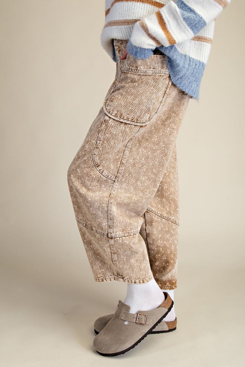 Easel - EB57085 Latte Floral Printed Mineral Wash Pants