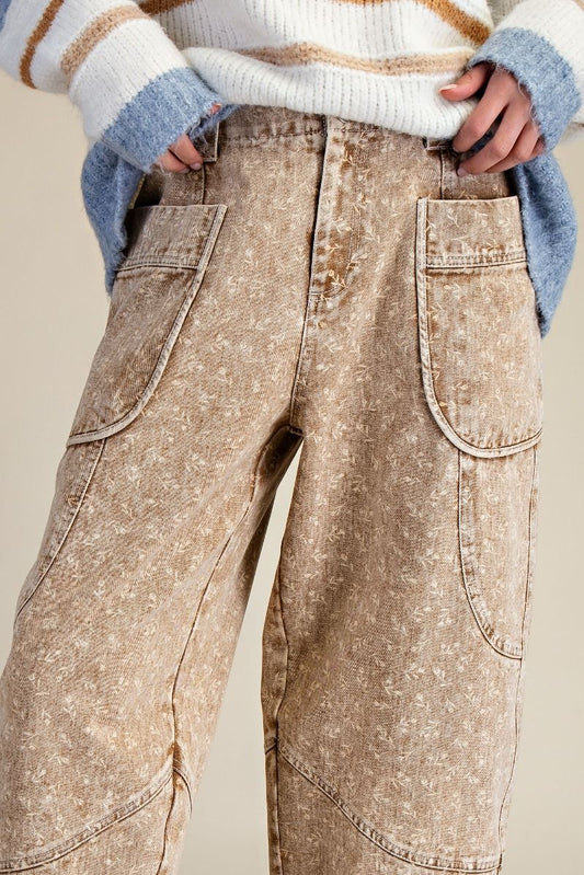 Easel - EB57085 Latte Floral Printed Mineral Wash Pants
