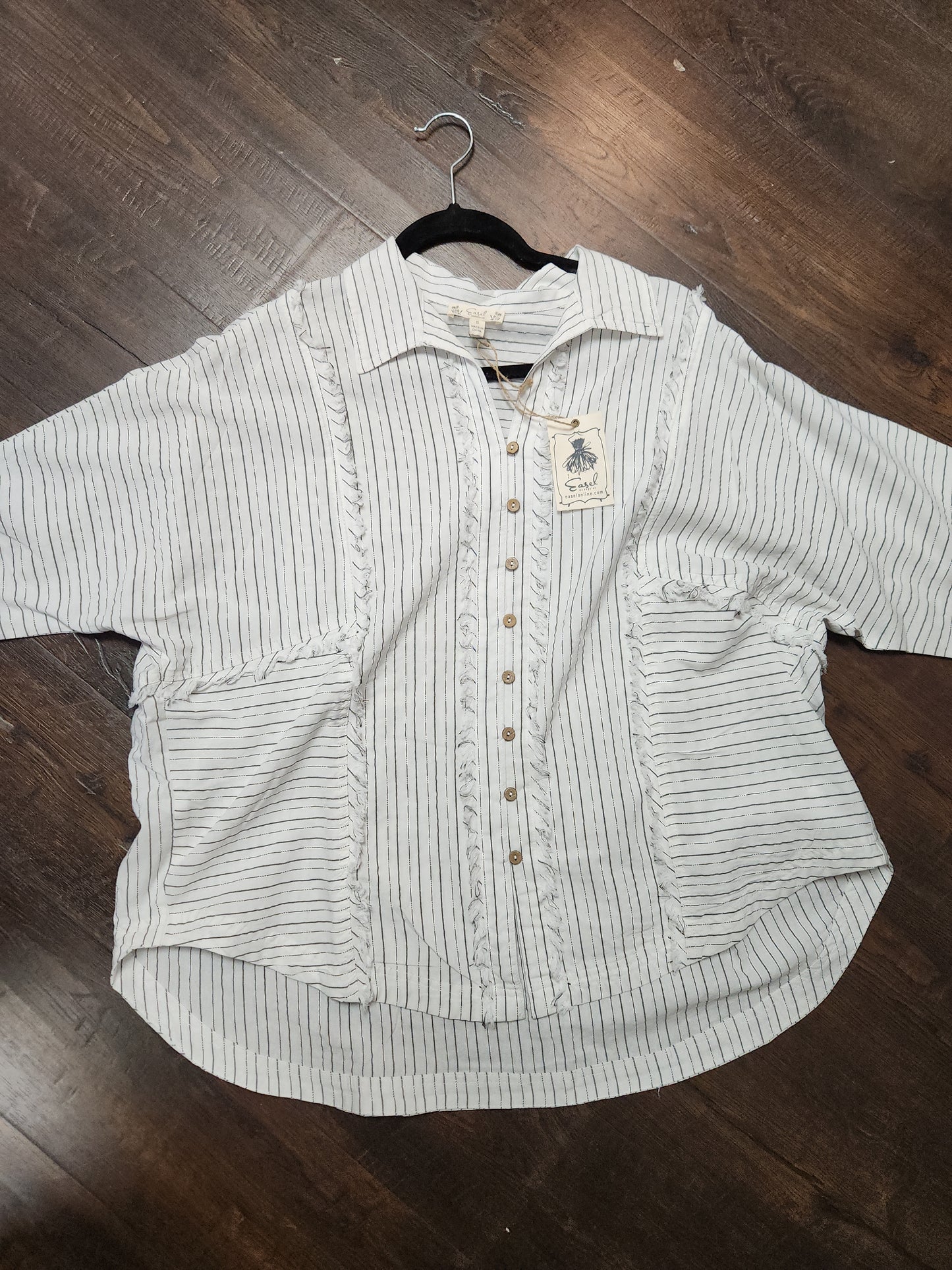ET28806-White Elbow Slvs Striped Linen Top