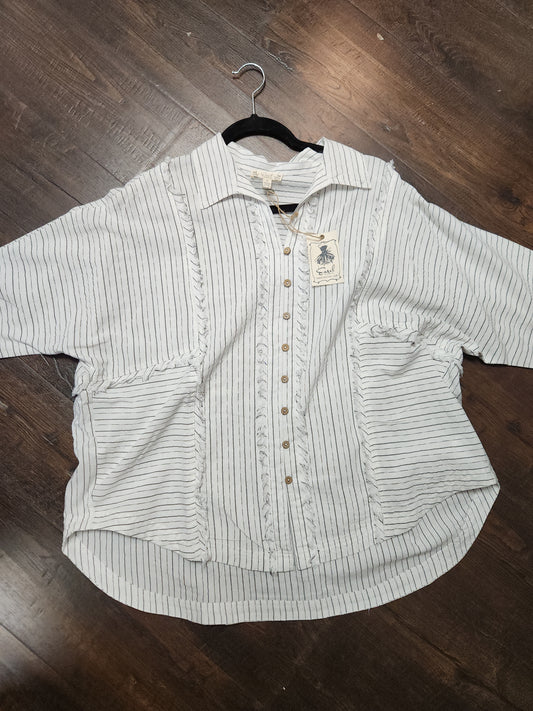 ET28806-White Elbow Slvs Striped Linen Top