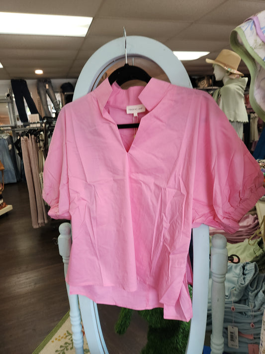 Entro T26223 LT Pink Puff Sleeve V-Neck Top