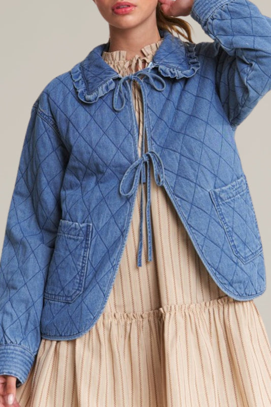 She+Sky SY9033 Long Sleeve Ruffle Collar Quilted Denim Tie Front Jacket