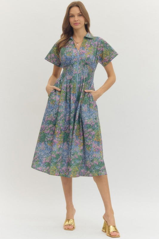 Entro D29857 Blue Zip-up Collared Water Color Floral Dress