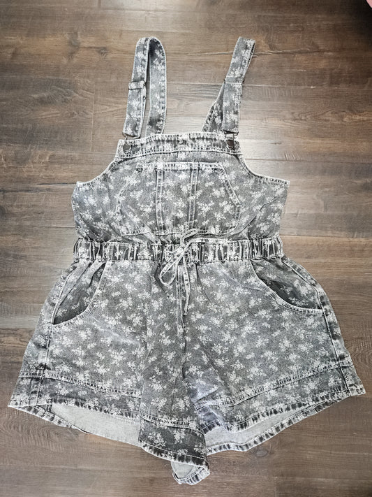 Easel - EB90196 Black Floral Print Washed Denim Overalls