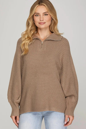 She+Sky SY9412 Long Sleeve Half Zip Batwing Sweater