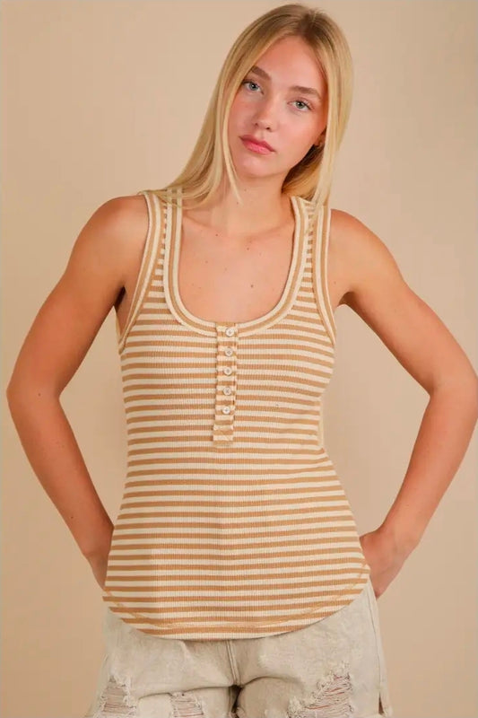Very J - NT12124 Taupe Stripe Tank Button Front