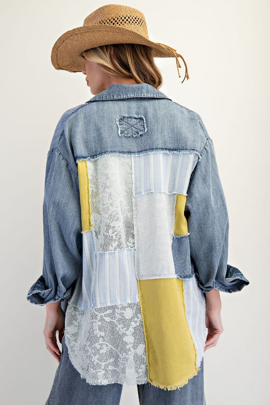 Easel-ET25939-LS Mix Match Washed Chambray Button Down-DK Denim
