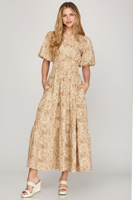 She+Sky SY9268 Half Balloon Sleeve Woven Print Tiered Maxi Dress With Band And Pockets