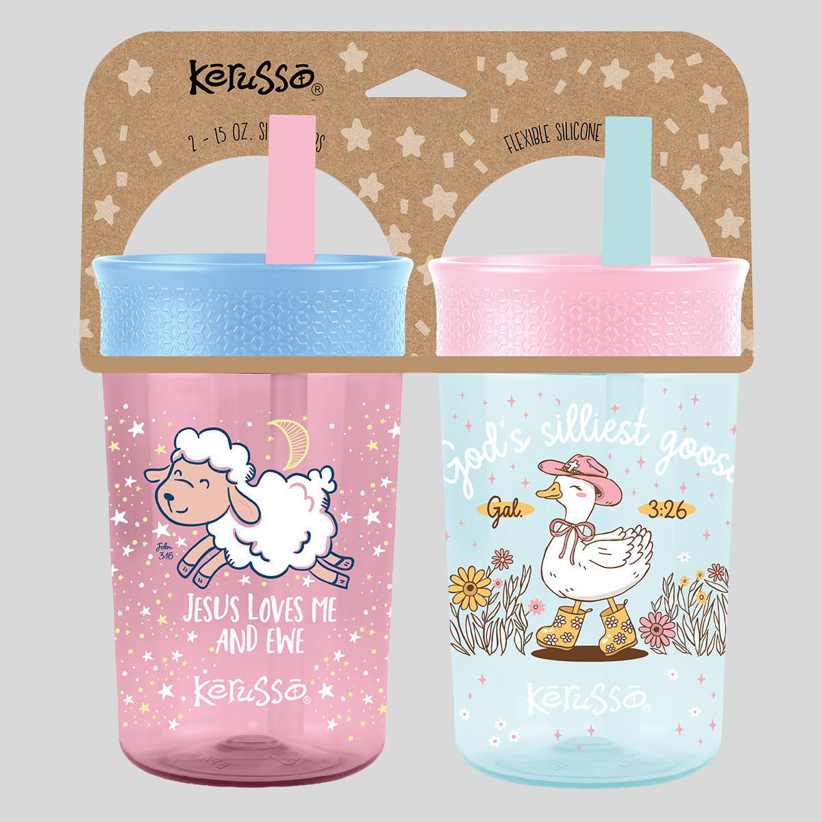 Kerusso-15 oz Silicone Straw Cups - Goose & Lamb (2pk)