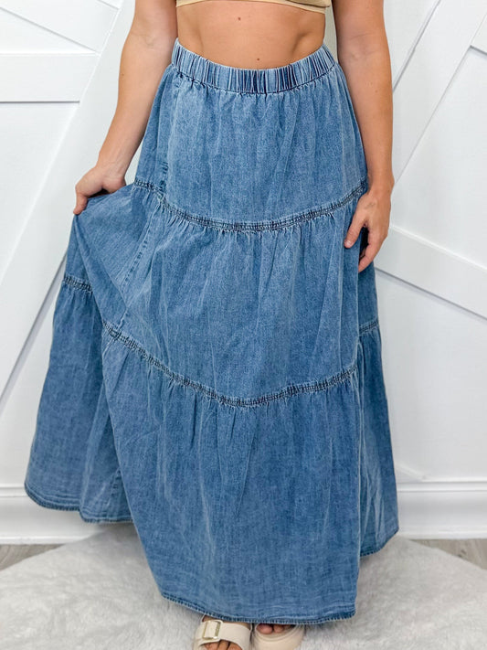 She+Sky SY8339 Washed Denim Tiered Long Skirt With Black Elastic Waist Band and Pockets