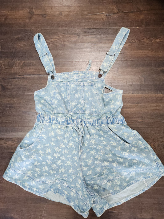 Easel - EB90196 Vintage Denim Floral Print Washed Denim Overalls