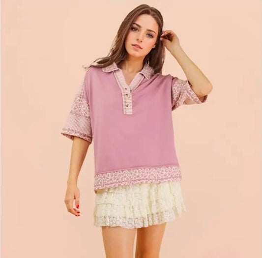 Very J - NT12499 Mauve Floral Collar Top