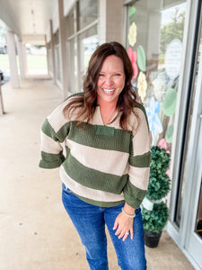 She+Sky SY9406 Green 3/4 Sleeve V Neck Striped Sweater