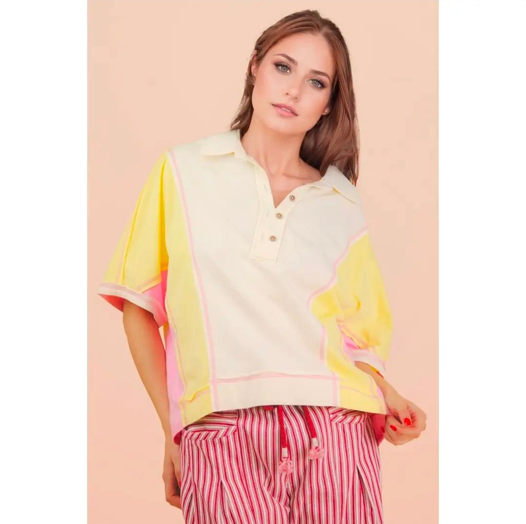 Very J - NT12451 Lemon Oversized Dolman Sleeve Collar Block Top